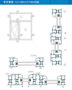 Side-hung series - NS55 thermal insulation in-swinging casement window assembly diagram